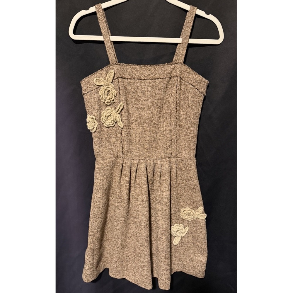 Aniina Brown Mini Dress Anthropology Tweed Crochet Flowers Spaghetti Strap Small